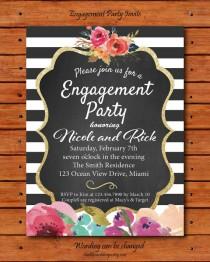 wedding photo - Rustic flower engagement invite, Engagement Party invitation, custom chalkboard invite, golden glitter invite, Printable invitation