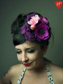 wedding photo - Pretty Purple Peonies Floral Fascinator with Veil Bridal Pinup Vintage Style