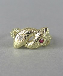wedding photo - RESERVED vintage double snake ring, diamond gold ring, ruby engagement ring, statement ring, gemstone ring, stacking ring, solid gold ring.