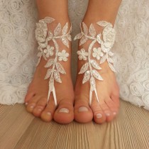 wedding photo -  ivory Barefoot silver frame , french lace sandals, wedding anklet, Beach wedding barefoot sandals, embroidered sandals.
