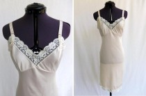 wedding photo - Vintage 60s Full Slip in Beige Tan  Nylon with Lace Trim  Size 32 Lingerie