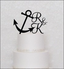 wedding photo - Anchor with Initials Monogram Wedding Cake Topper in Black, Gold, or Silver