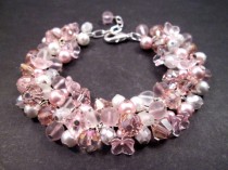wedding photo - Flower Charm Bracelet, Soft Pink and White Bouquet, Silver Cha Cha Style Bracelet, FREE Shipping U.S.