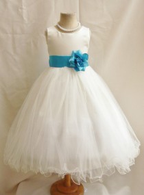 wedding photo - Flower Girl Dresses - IVORY with Turquoise (FD0FL) - Wedding Easter Junior Bridesmaid - For Children Toddler Kids Teen Girls
