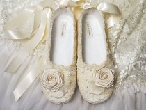 wedding photo - Victoria Bridal Ballet Flat, Wedding Shoes, Vintage Lace, Swarovski Crystals,  Pearls, Custom Made Women's Bridal Shoes