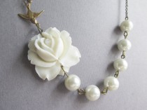 wedding photo - Bridal Jewelry,Bridesmaid Jewelry Set,Statement Necklace,White Flower Necklace,Ivory Pearl Jewelry,Beadwork,GiftFree matching earrings