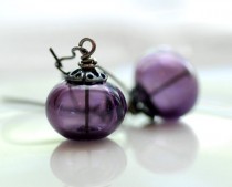 wedding photo - Purple Earrings, Jewel tone Wedding, Aubergine Earrings, Dangle Earrings, Simple Jewelry, Artisan Glass, Oxidized Silver -  Mulled Wine