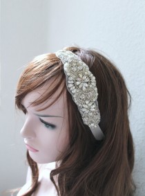 wedding photo - Bridal beaded crystal, pearl headband. Rhinestone applique wedding headpiece tiara. VINTAGE MODE