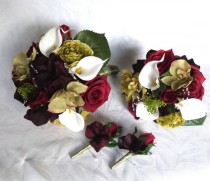wedding photo - Silk wedding bouquet shades of burgundy roses green orchids plum hydrangea bridal bouquet set