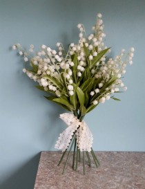wedding photo - Wedding Flowers Ivory Bridal budget Bouquet Lily of the Valley artificial lace tie Destination, cruise, elope accessories