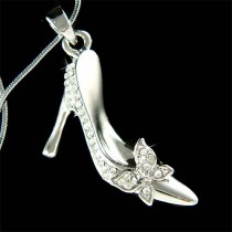 wedding photo - Swarovski Crystal Cinderella Slippers Princess Glass High Heel Shoe Butterfly Wedding Charm Pendant Necklace Bridal Fairy Tale Jewelry Gift