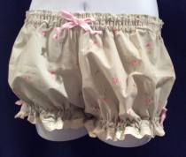 wedding photo - Size Small Womens Cotton Bloomers Vintage Shabby Chic khaki and pink Rose print trimmed in white Eyelet