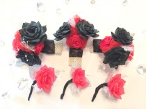 wedding photo -  Red and black corsage and boutonniere, Prom corsage, Men's lapel flower, lapel pin, Men's buttonhole flower, Prom boutonniere, Mom corsage