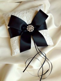 wedding photo - Ivory and Black Ring Bearer Pillow - Alencon Lace Ring Bearer Pillow