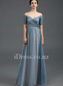 wedding photo -  Off-the-shoulder Short Sleeve Long A-line Evening Dress with Lace Up Back