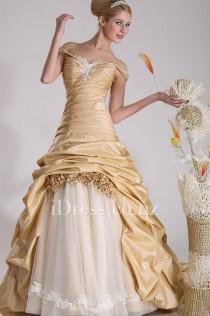 wedding photo -  Off the Shoulder Champagne Taffeta Under Tulle Ball Gown Debutante Dress