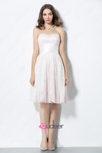 wedding photo -  Lovely Pink Strapless Sweetheart Short Lace Bridesmaid Dress
