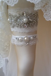 wedding photo -  Wedding Garter Set , Ivory Lace Garter Set, Bridal Leg Garter, Wedding Accessory, Bridal Accessory, Rhinestone Crystal Bridal Garter