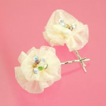 wedding photo - Crystal Simple Ivory Rainbow Satin Rose Bobby Pin Hair Accessories, Hair Flower Bobby Pins