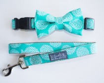 wedding photo - Teal Floral Bow Tie For Dogs With Collar Optional Leash by Dog and Bow