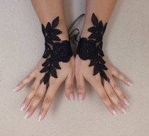 wedding photo - Black Wedding gloves french lace gloves bridal 