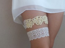 wedding photo - OOAK garter bridal garter lace handmade with sewing sequins pearls 