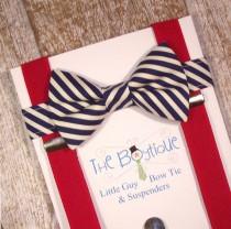 wedding photo - Navy Bow Tie and Suspenders, Red Suspenders and Bow Tie, Striped Bow Tie, Toddler Suspenders, Boys, Kids, Ring Bearer Gift, Nautical