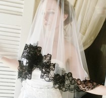 wedding photo - FAERIE black and White wedding veil with Beautiful French lace edges white mantilla veil white lace veil white tulle veil