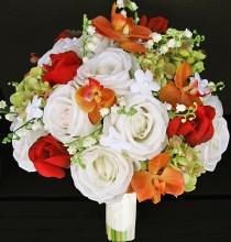 wedding photo - Fall Wedding Off White Orange and Red Roses and Orchids Silk Flower Bride Bouquet - Almost Fresh