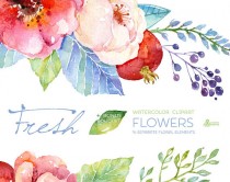 wedding photo - Fresh Flowers Clipart + Bouquet. Handpainted watercolor, wedding invitation, separate floral elements, greeting card, diy, pomegranate