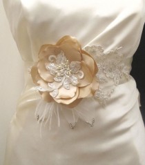 wedding photo - Champagne Gold  Flower Belt Bridal Wedding Sash Bridal Belts Sashes