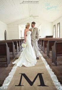 wedding photo - 60ft Burlap Aisle Runner with Black Ruffle and Monogram