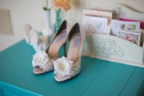 wedding photo - Wedding shoes peep toe low heel and high heel bridal shoes embellished with ivory French lace, white silk flower, crystals and pearls