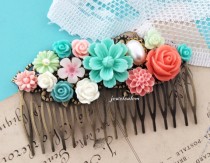 wedding photo - Coral Mint Green Wedding Bridal Accessories Floral Hair Comb Peach Pink Teal Blue Turquoise Aqua Flower Collage Romantic Modern Victorian