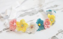 wedding photo - Spring Fever - tieback in beautiful spring color blossoms of yellow, aqua/blue, pink and yellow