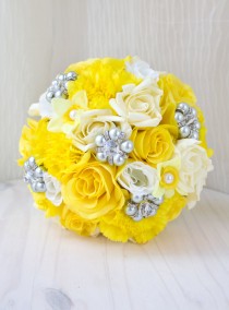 wedding photo - Yellow and Grey Bouquet, Bridal Brooch Bouquet, Jewelry Brooch Bouquet, Wedding Bouquet, Yellow Wedding, Silk Flower Bouquet, BQ41