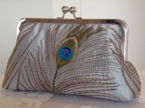 wedding photo - Peacock Feathers Silk Clutch/Purse..Bridal/Wedding/Gift..Silver...Breezy Navy lining..Seafoam and Gold..Embroidered Free Monogram