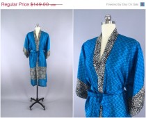 wedding photo - SALE - Silk Robe Kimono / Vintage Indian Sari / Blue Chevron Print / Long Robe / Wedding Lingerie