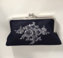 wedding photo - Navy silk clutch, wedding purse, cocktail purse, silver beaded bridal clutch, handmade purse, custom clutch
