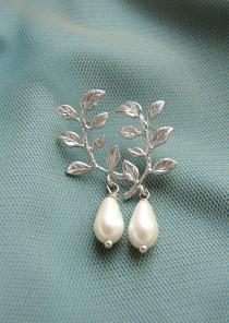 wedding photo - Silver sprig drop earrings, Bridesmaid jewelry, silver laurel branch leaf pearl dangle, bridal earrings