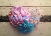 wedding photo - Lavender Fields Headband..Lavender and Polka Dots on Navy Lace Headband..Flower Girl, Newborn, Photo Prop Headband