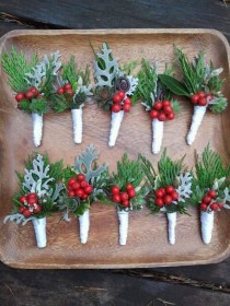 wedding photo - Boutonnieres, Winter Inspired, Holly Berries And Cedar