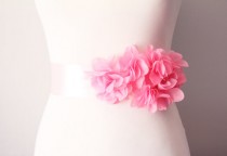 wedding photo - Bridal Couture - Pink Chiffon Flowers Ribbon Sash Belt - Wedding Dress Sashes Belts - Hot Pink / Magenta