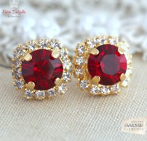wedding photo - Ruby Red earrings, White Ruby Red Swarovski Studs earrings, Crystal earrings, Bridesmaids jewelry, Wedding jewelry, Gift for her, Ruby studs