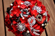 wedding photo - Red Brooch Bouquet gothic red black feathers vintage bouquet