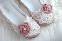 wedding photo - Wedding Shoes - Rose Bridal Ballet Flat, Vintage Lace, Swarovski Crystals, Pearls, Custom Made Women's Bridal ShoesFrom pink2blue