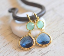wedding photo - Sapphire Blue Teardrop and Aqua Dangle Earrings in Gold.  Fashion Dangle Earrings.  Drop Earrings. Wedding Jewelry. Gold Earrings.