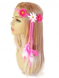 wedding photo - Pink daisy braided festival hippie feather headband edc women hair accessories