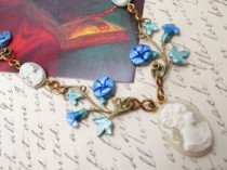 wedding photo - Bridal necklace cameo necklace Vintage necklace womens necklaces morning glories jewelry brass with enamel painting Art Nouveau