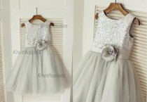 wedding photo - Silver Sequin Tulle Flower Girl Dress Children Toddler Party Dress for Wedding Junior Bridesmaid Dress